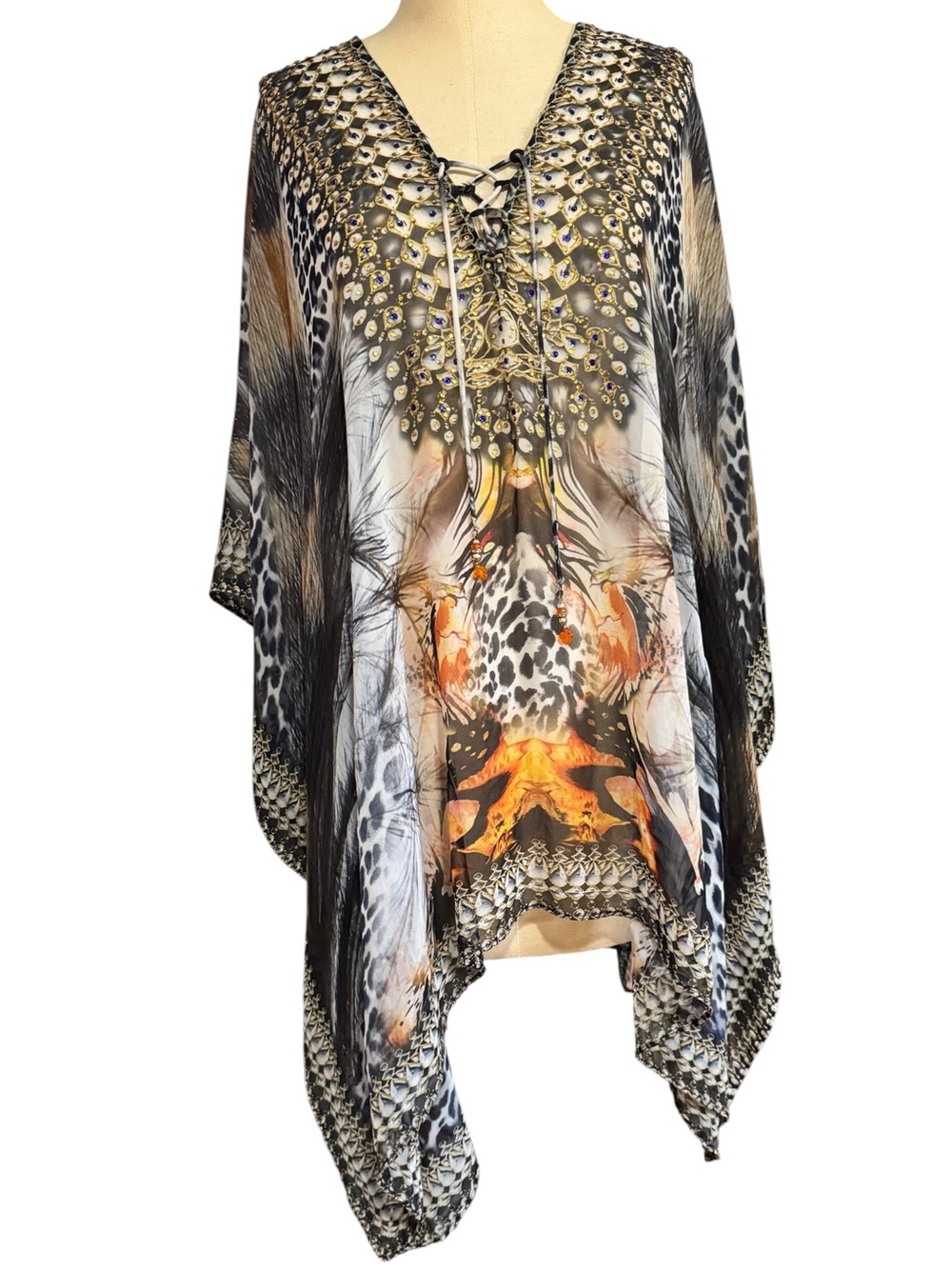 ASA Kaftans Leopard Print Jeweled Tassel Tie Kaftan Size M